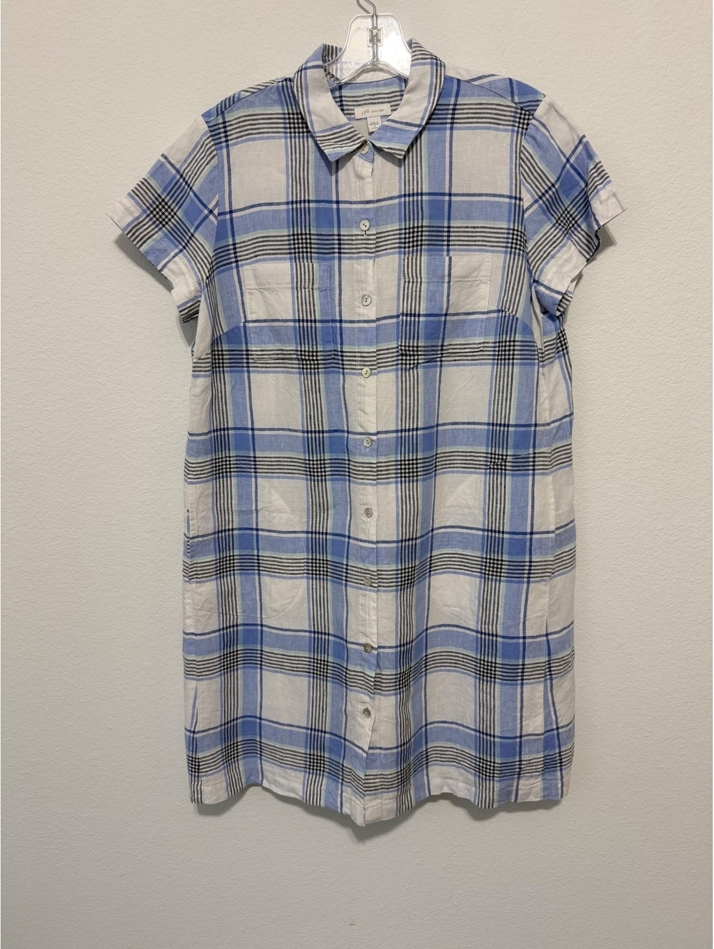 J. Jill Love Linen Short Sleeve Button Up Collared Plaid Shirt Dress Size PS